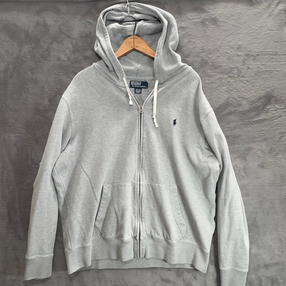 Polo Ralph Lauren Mens XL Heather Grey Full Zip Pique Hoodie Navy Pony Logo